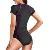 image:imageHolipick Short Sleeve Rash Guard for Women  Modest One Piece Swimsuit UPF 50 Zipper Bathing SuitBlack and Pink