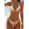image:imageHolipick Two Piece Triangle Bikini Sets for Women String Bathing Suit Halter Top with Side Tie Bikini BottomStriped and Begie