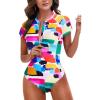image:imageHolipick Short Sleeve Rash Guard for Women  Modest One Piece Swimsuit UPF 50 Zipper Bathing SuitColor Block