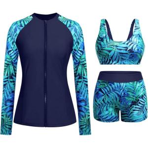 image:imageHolipick Long Sleeve Swimsuits for Women  3 Piece Rash Guard with Shorts Zipper SPF Swim Shirt with Built in BraNavy Leaves