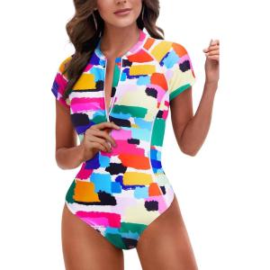 image:imageHolipick Short Sleeve Rash Guard for Women  Modest One Piece Swimsuit UPF 50 Zipper Bathing SuitColor Block