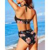 image:imageHolipick Women High Waisted Bikini Set Two Piece Swimsuit Tummy Control Bathing Suit Vintage Halter SwimwearOrange Floral Black