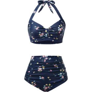 image:imageHolipick Women High Waisted Bikini Set Two Piece Swimsuit Tummy Control Bathing Suit Vintage Halter SwimwearNavy Floral
