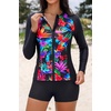 image:imageHolipick Long Sleeve Swimsuits for Women  3 Piece Rash Guard with Shorts Zipper SPF Swim Shirt with Built in BraColorful Leaf