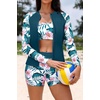 image:imageHolipick Long Sleeve Swimsuits for Women  3 Piece Rash Guard with Shorts Zipper SPF Swim Shirt with Built in BraTeal Flower