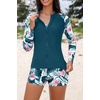 image:imageHolipick Long Sleeve Swimsuits for Women  3 Piece Rash Guard with Shorts Zipper SPF Swim Shirt with Built in BraTeal Flower
