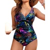 image:imageHolipick Women Tummy Control One Piece Swimsuit  Push Up Bathing Suit Full Coverage Slimming SwimwearBlack Colorful Leaves