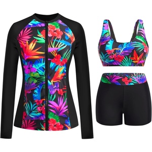 image:imageHolipick Long Sleeve Swimsuits for Women  3 Piece Rash Guard with Shorts Zipper SPF Swim Shirt with Built in BraColorful Leaf