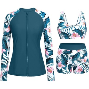 image:imageHolipick Long Sleeve Swimsuits for Women  3 Piece Rash Guard with Shorts Zipper SPF Swim Shirt with Built in BraTeal Flower