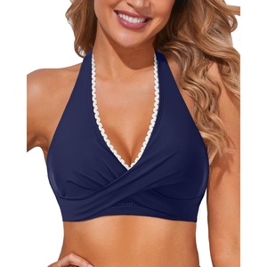 image:imageHolipick Women Halter Bikini Tops  Push Up Bathing Suit Top V Neck Full Coverage Swimsuit Top OnlyNavy Blue White