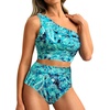 image:imageHolipick Women One Shoulder High Waisted Bikini Sets Two Piece Swimsuit Tummy Control Bathing Suit Full Coverage SwimwearGreen Paisley