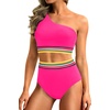 image:imageHolipick Women One Shoulder High Waisted Bikini Sets Two Piece Swimsuit Tummy Control Bathing Suit Full Coverage SwimwearPink Colorful Woven