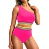 image:imageHolipick Women One Shoulder High Waisted Bikini Sets Two Piece Swimsuit Tummy Control Bathing Suit Full Coverage SwimwearPink Colorful Woven