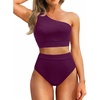 image:imageHolipick Women One Shoulder High Waisted Bikini Sets Two Piece Swimsuit Tummy Control Bathing Suit Full Coverage SwimwearDark Purple