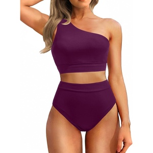 image:imageHolipick Women One Shoulder High Waisted Bikini Sets Two Piece Swimsuit Tummy Control Bathing Suit Full Coverage SwimwearDark Purple
