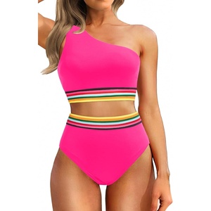 image:imageHolipick Women One Shoulder High Waisted Bikini Sets Two Piece Swimsuit Tummy Control Bathing Suit Full Coverage SwimwearPink Colorful Woven